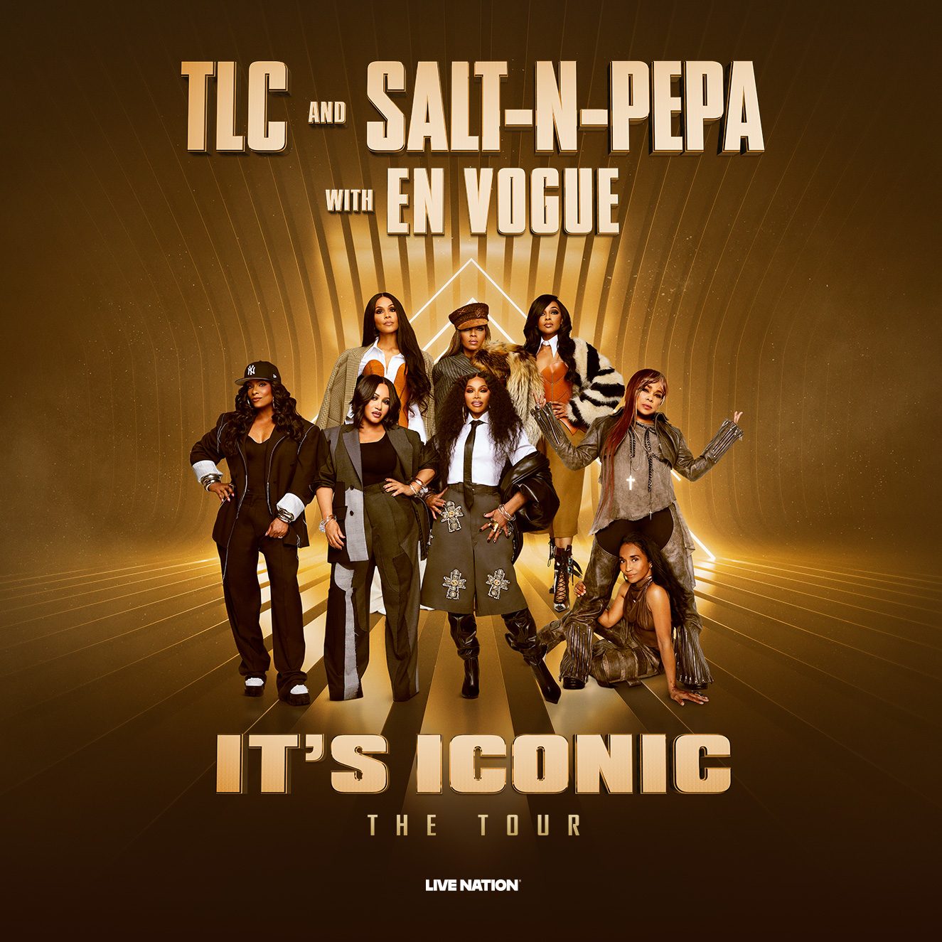 Official IT'S ICONIC Tour artwork featuring TLC, Salt-N-Pepa and En Vogue in a gold promotional composition