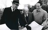Lewis Swyer, Eugene Ormandy, and Richard Leach with the plans for the SPAC construction.